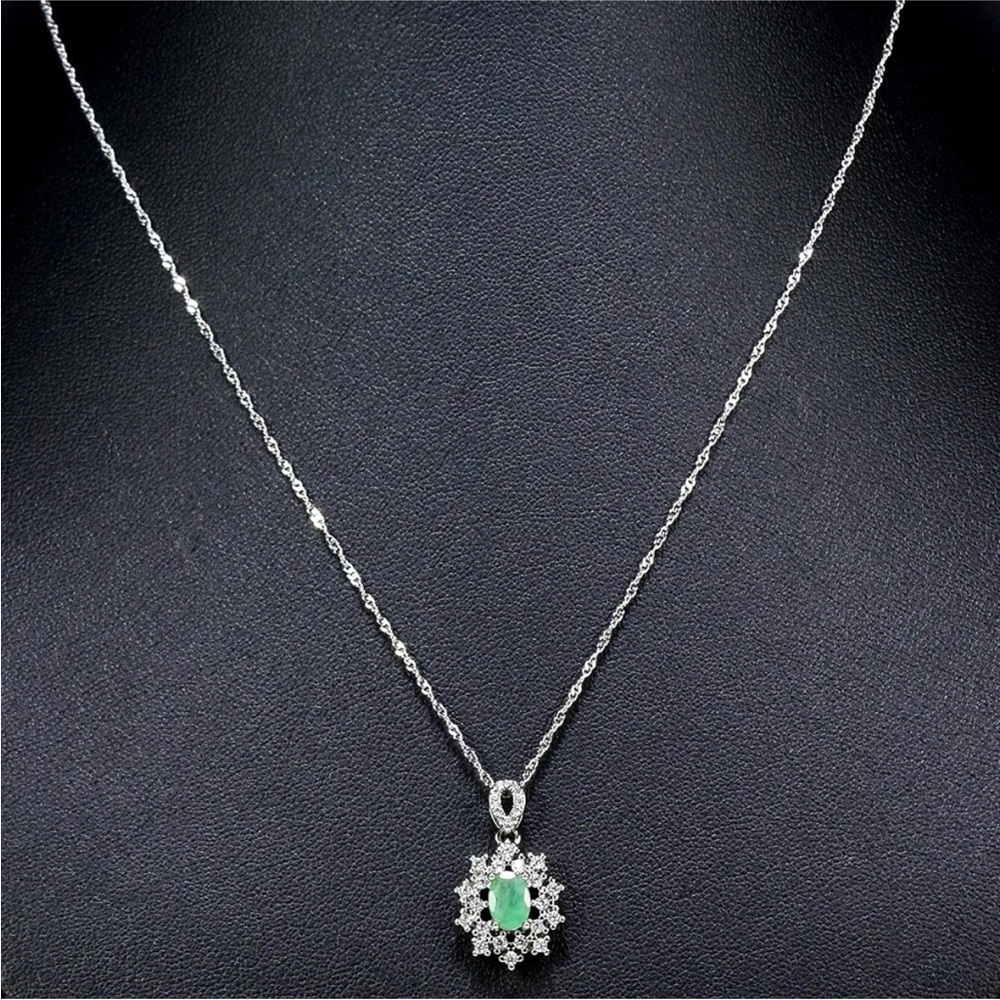 Natural Emerald w/ Zircon Halo Pendant Necklace and Stud Earrings Set - Picture 6 of 11
